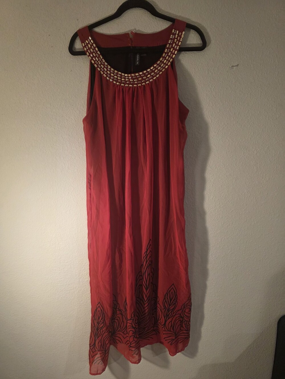 Red Embellished Neckline Sleeveless Maxi Dress